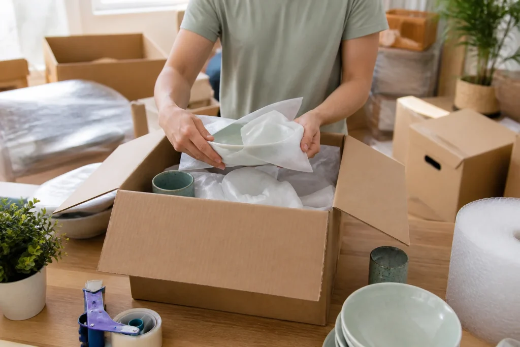Packing in a bright home setting
