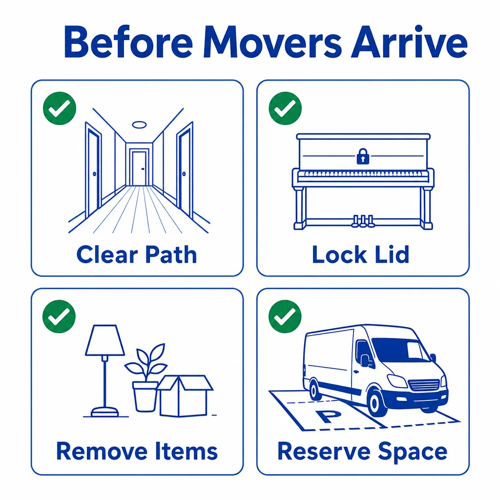 Checklist graphic showing how to prepare before piano movers arrive.