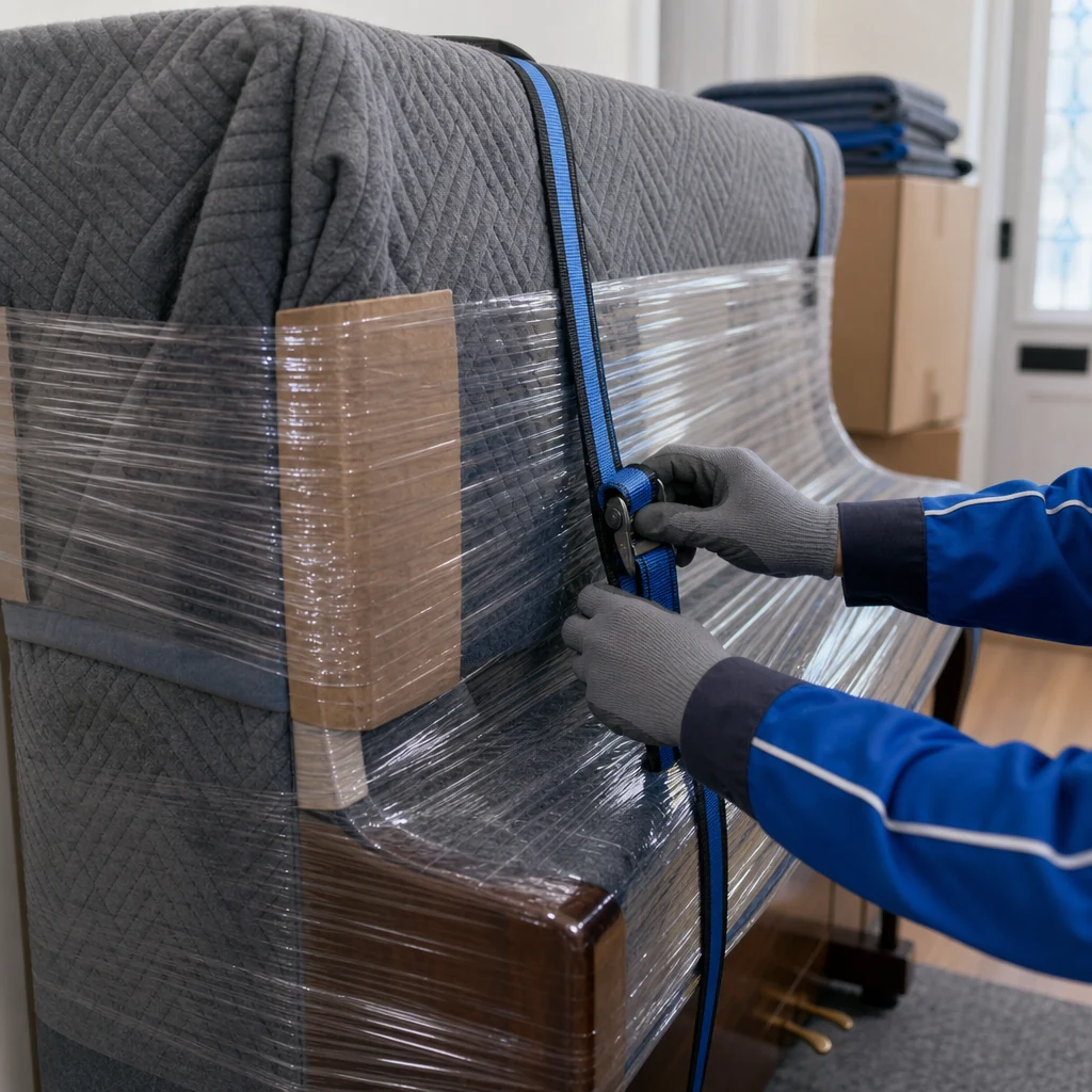 Gloved hands securing protective blankets around an upright piano.