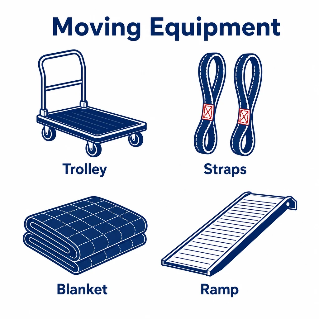 Graphic showing piano moving equipment including trolley, straps, blanket and ramp.