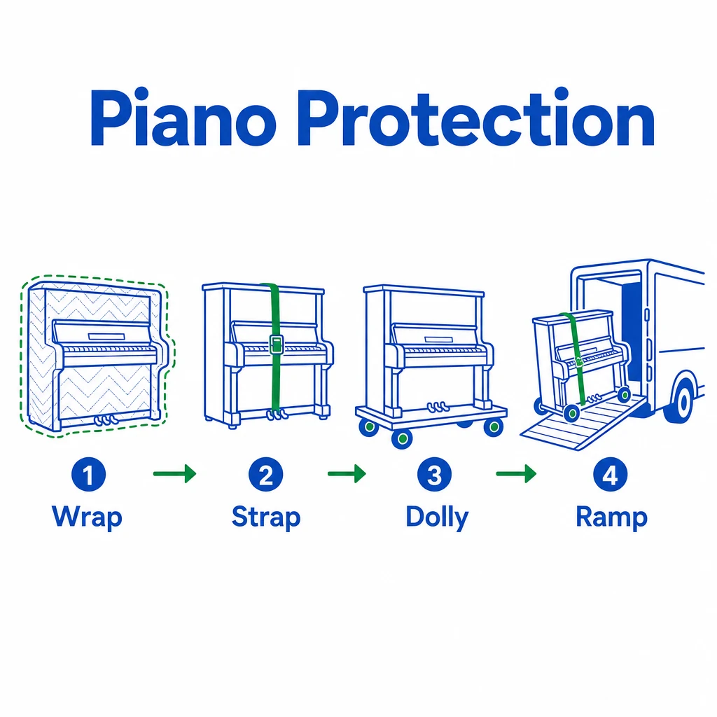 Graphic showing piano wrapping, strapping, dolly use and ramp loading.