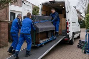 Movers loading a protected upright piano into a white removal van.