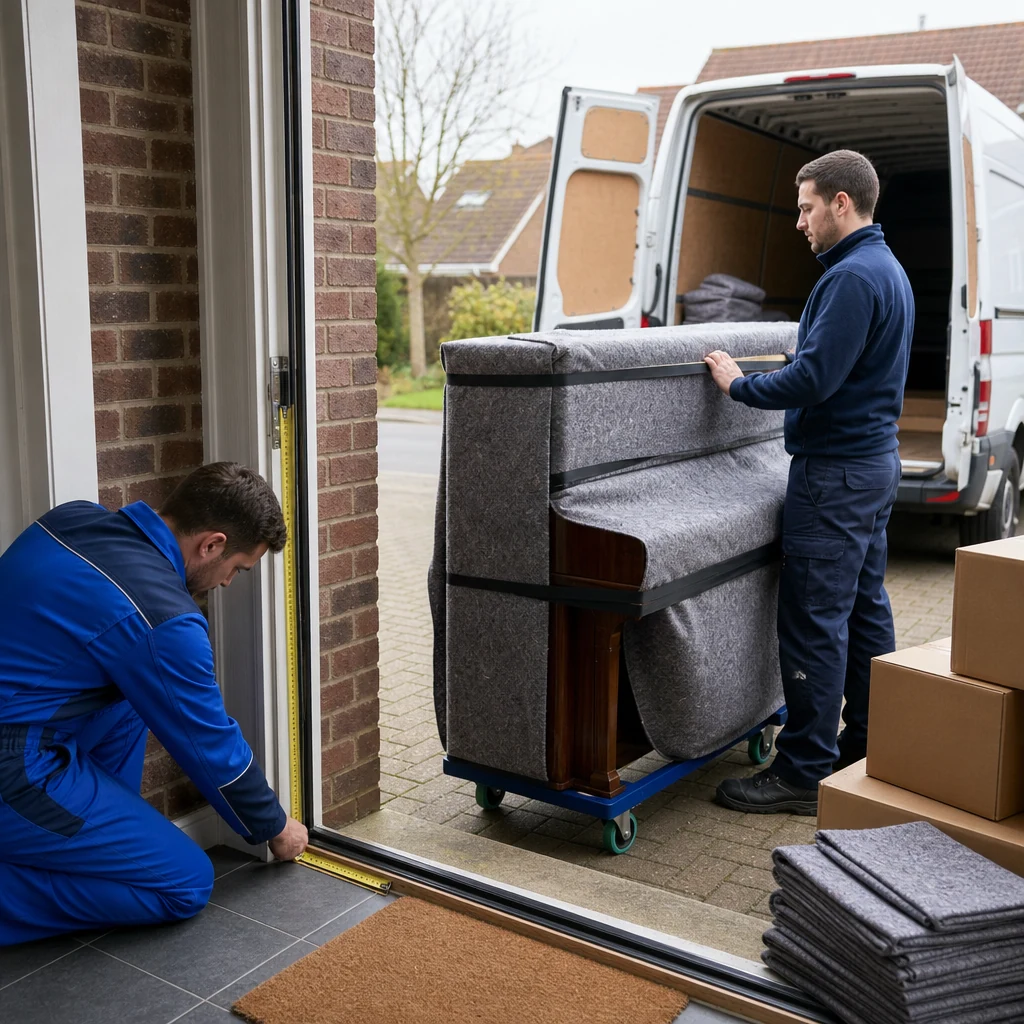 Movers measuring a doorway before moving a wrapped piano.