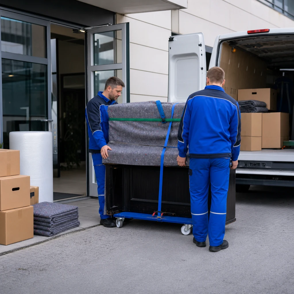 Movers relocating a protected piano from a commercial entrance.