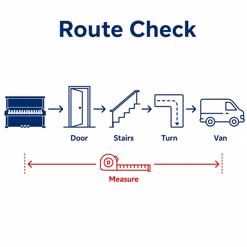 Route planning graphic showing measurements from piano to van.