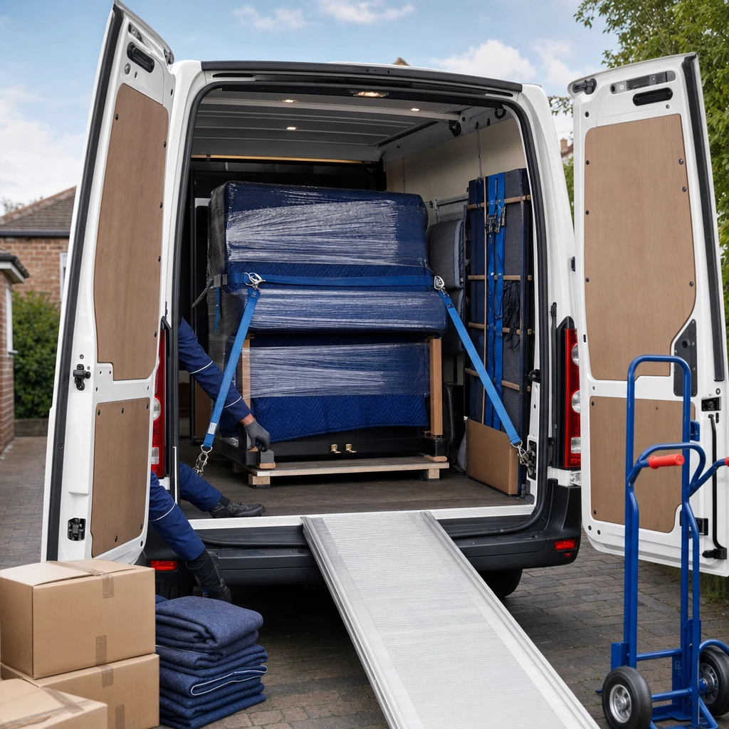 Wrapped piano secured with straps inside an open removal van.