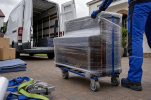 Wrapped upright piano on a trolley beside an open removal van.