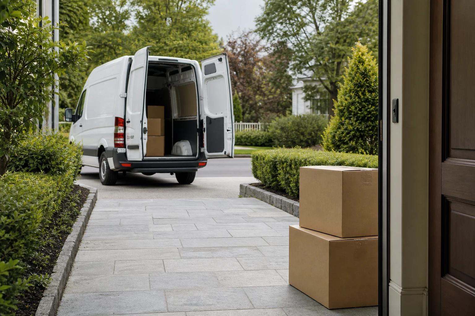 Clear driveway access from a home entrance to an open removal van