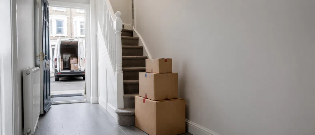 Narrow home entrance with staircase, boxes and a white removal van outside