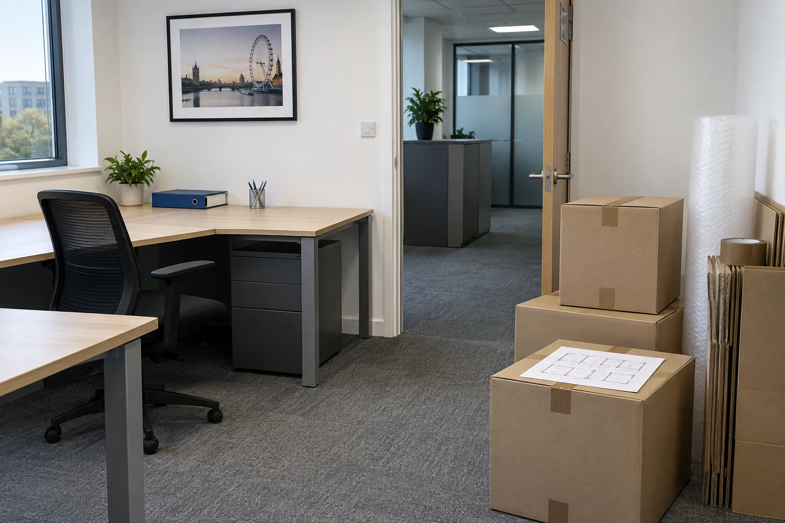 Cleared office area with sealed boxes ready for an organised move