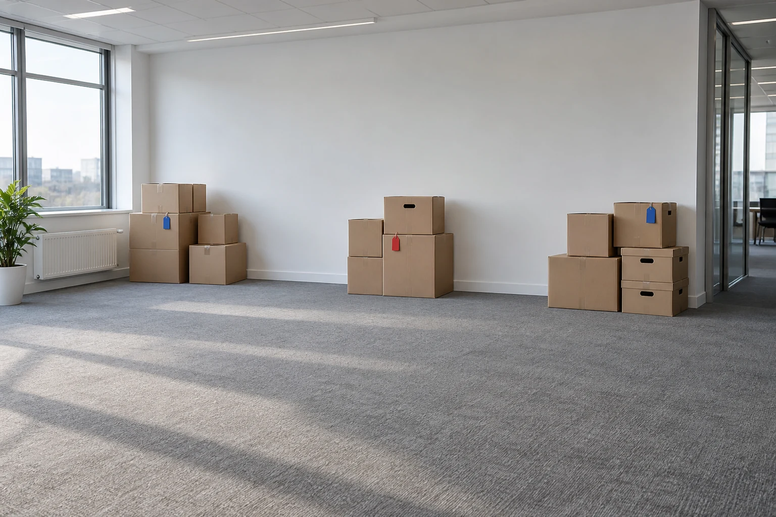 Separate groups of office move boxes arranged in tidy zones